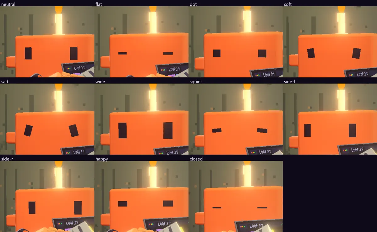 Labing-isang close-up ng orange block na mukha ni Claude, may dalawang maitim na hugis ng mata na nagbabago mula neutral at flat hanggang wide, squint, happy at pikit / Eleven close-ups of Claude's orange block face, each with two dark eye shapes that change from neutral and flat to wide, squint, happy and closed