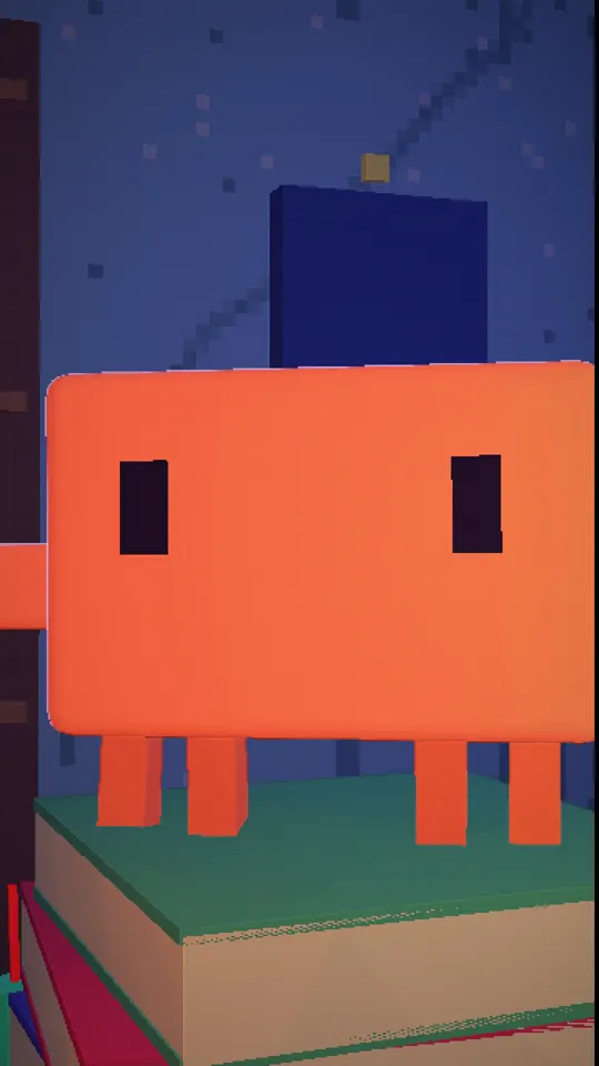 Frontal na close-up ni Claude, ang orange block, na nakatingin deretso sa lente / Frontal close-up of Claude, the orange block, looking straight into the lens