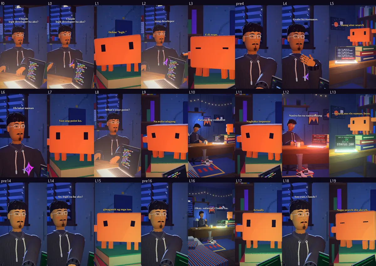 Contact sheet ng episode 13: may caption na frame para sa bawat linya, L0 hanggang L19, at ilang in-between frame / Contact sheet of episode 13: a captioned frame for every line, L0 to L19, plus a few in-between frames