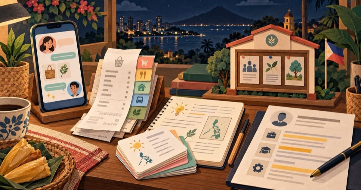 Illustration of five beginner AI project ideas: seller chat, receipts, study notes, barangay information, and a job listing.