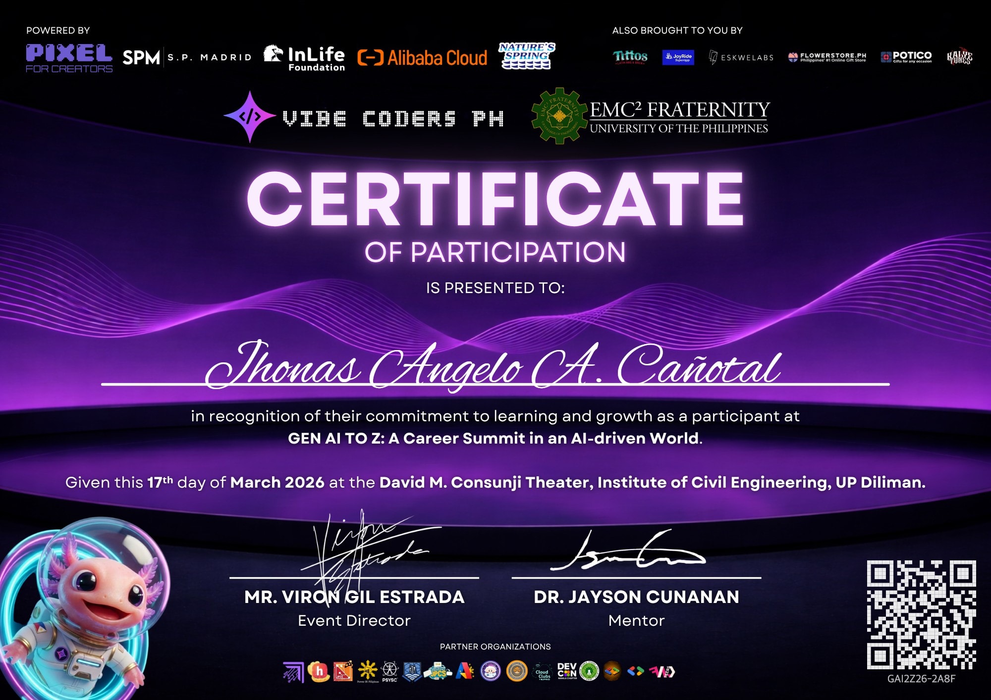 Certificate of Participation for Jhonas Angelo A. Cañotal — Gen AI to Z