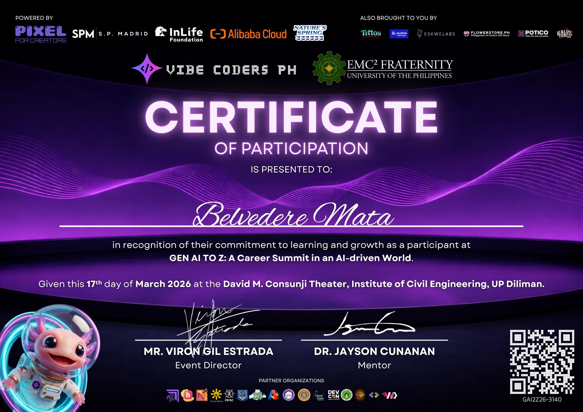 Certificate of Participation for Belvedere Mata — Gen AI to Z