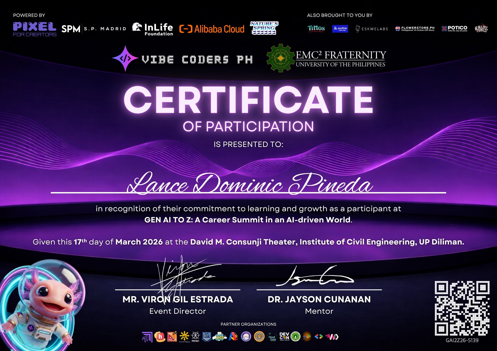 Certificate of Participation for Lance Dominic Pineda — Gen AI to Z