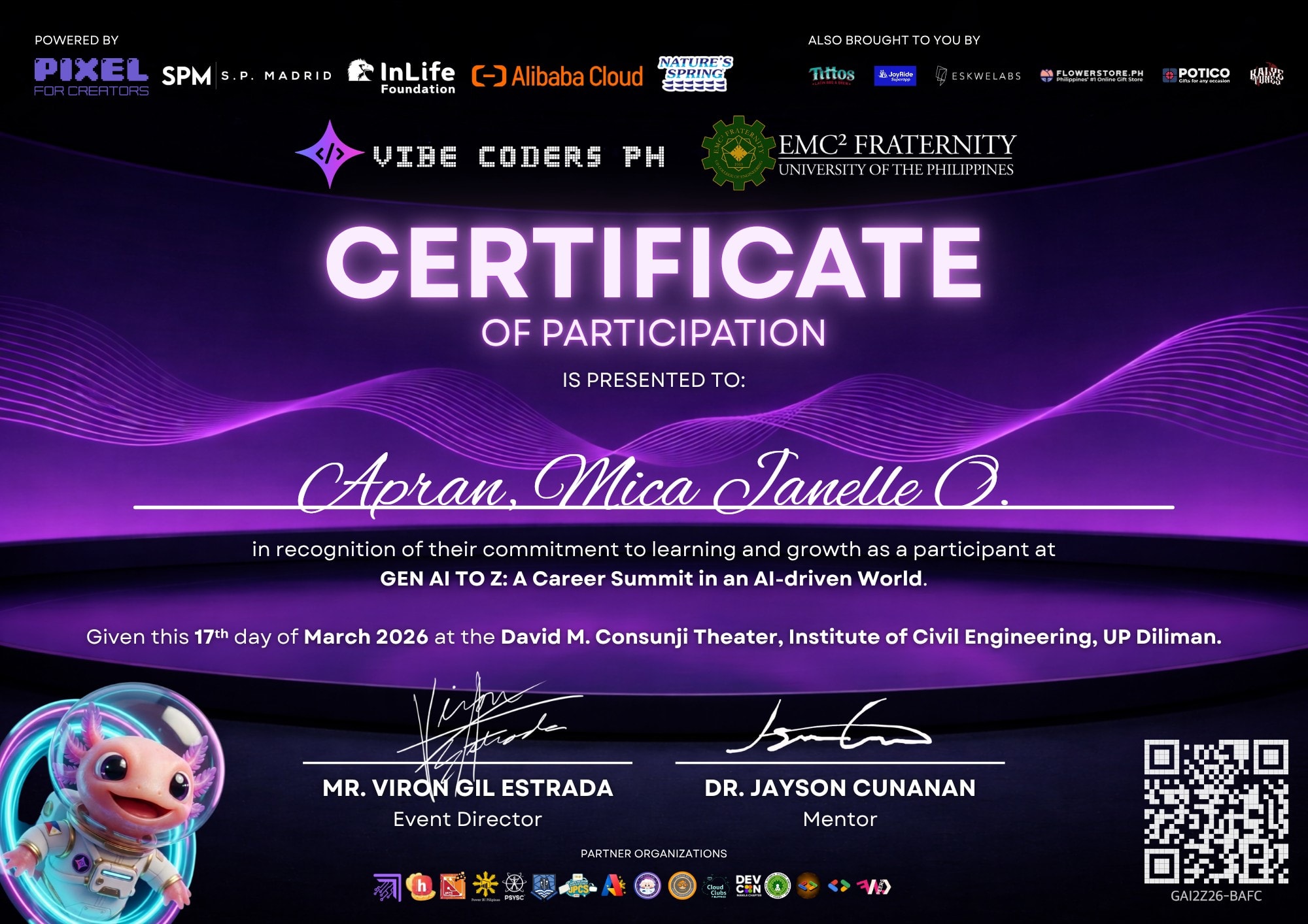 Certificate of Participation for Apran, Mica Janelle O. — Gen AI to Z