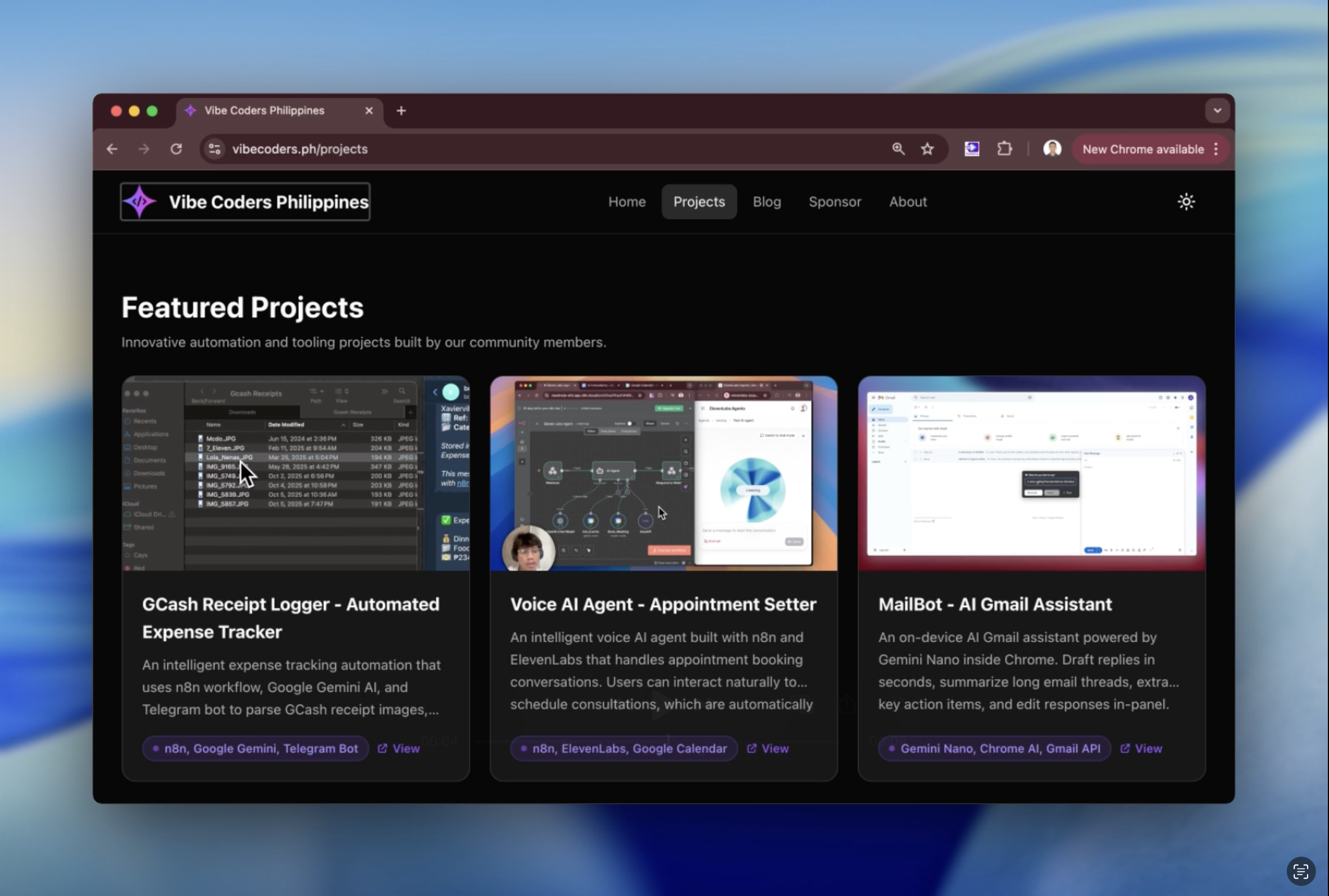 Projects page showing Featured Projects and Community Projects sections